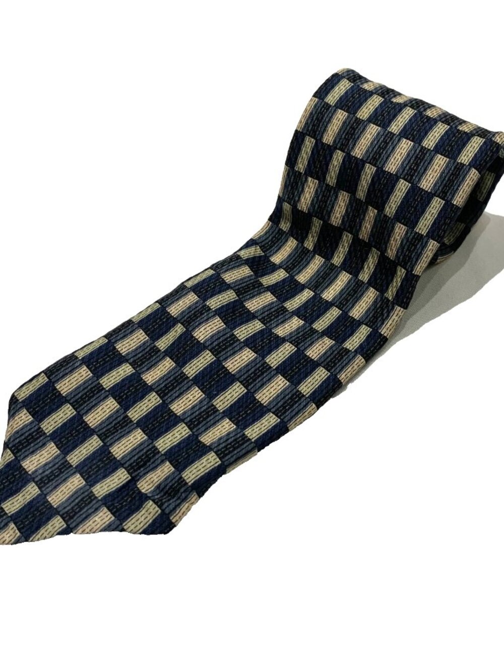 VTG Alexander Julian Colours Silk Tie Blue Cream Checkerboard Made in Canada
